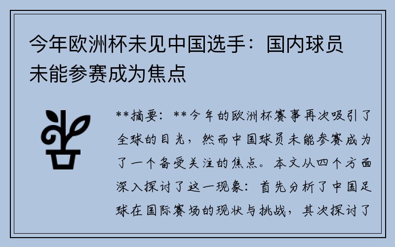 今年欧洲杯未见中国选手：国内球员未能参赛成为焦点