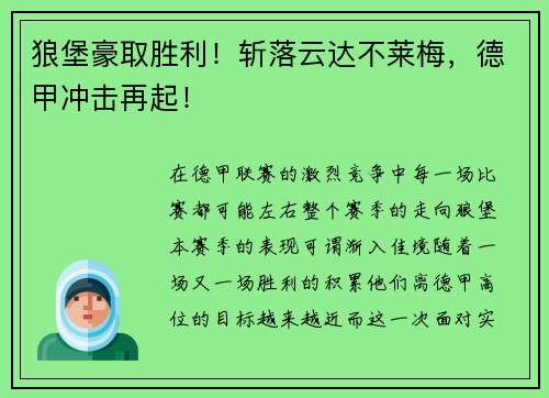 狼堡豪取胜利！斩落云达不莱梅，德甲冲击再起！