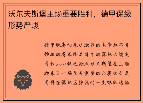沃尔夫斯堡主场重要胜利，德甲保级形势严峻