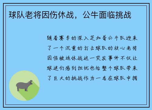 球队老将因伤休战，公牛面临挑战